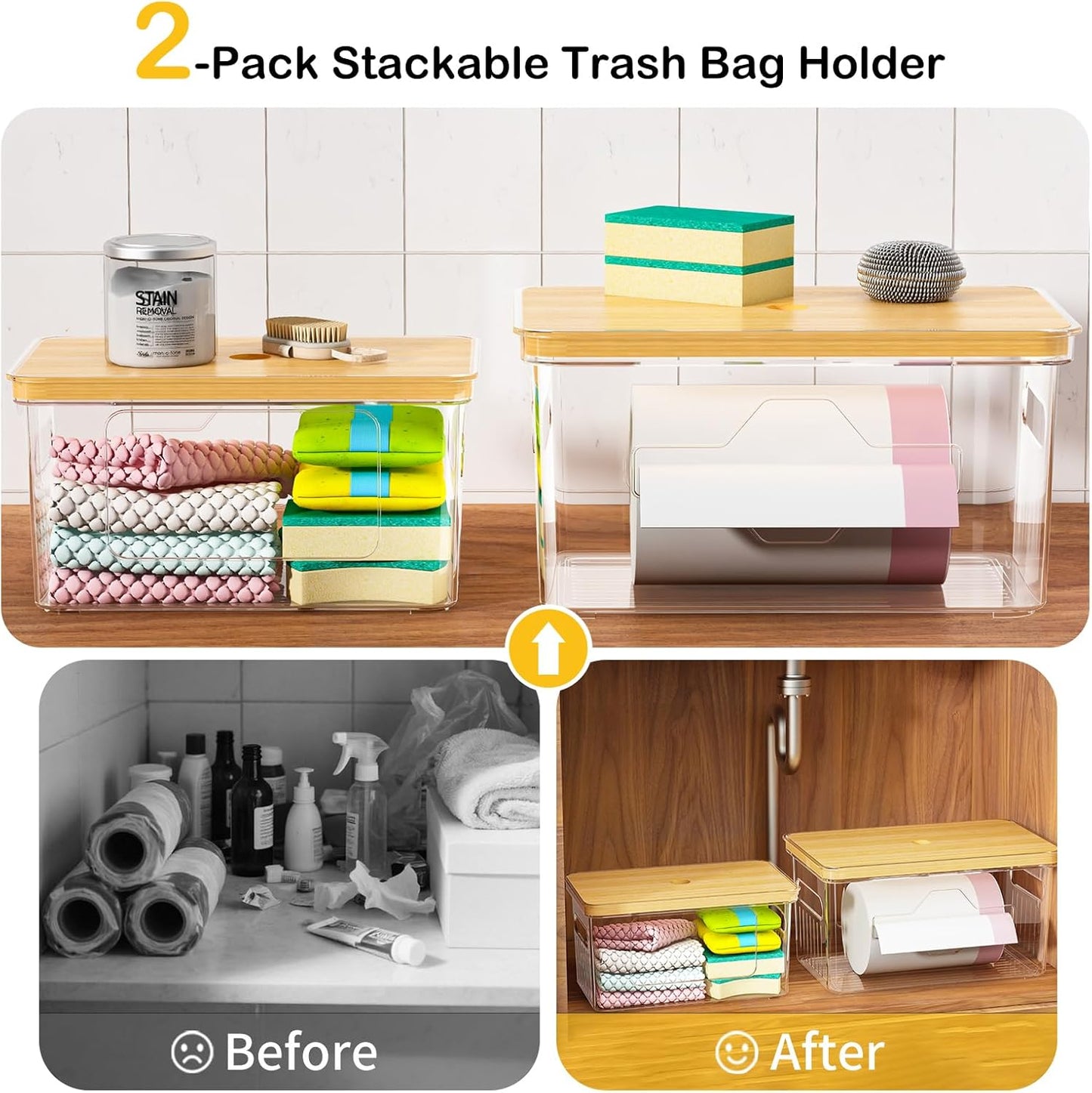 2 Pack Trash Bag Holder with Bamboo Lid, Stackable Garbage Bag Dispenser Under Sink
