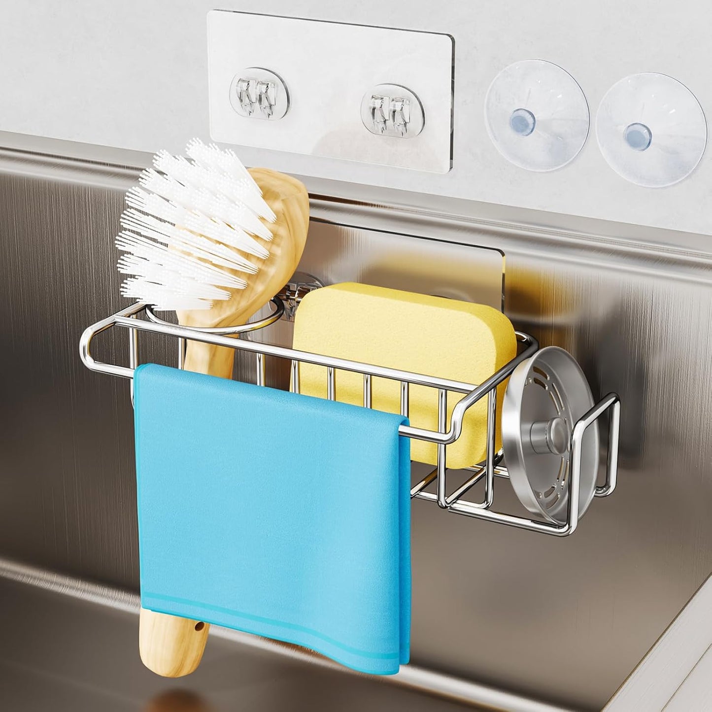 4 in 1 Sink Caddy Sponge Holder, SUS304 Stainless Steel Kitchen Brush Holder + Dish Cloth Hanger + Soap Rack + Sink Stopper Rack + Sponge Caddy for Kitchen - Silver