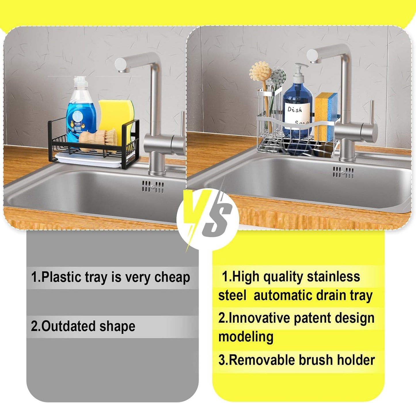 Maifan Sink Caddy Sponge Holder for Kitchen with Brush Holder and Stainless Steel Self Drain Tray