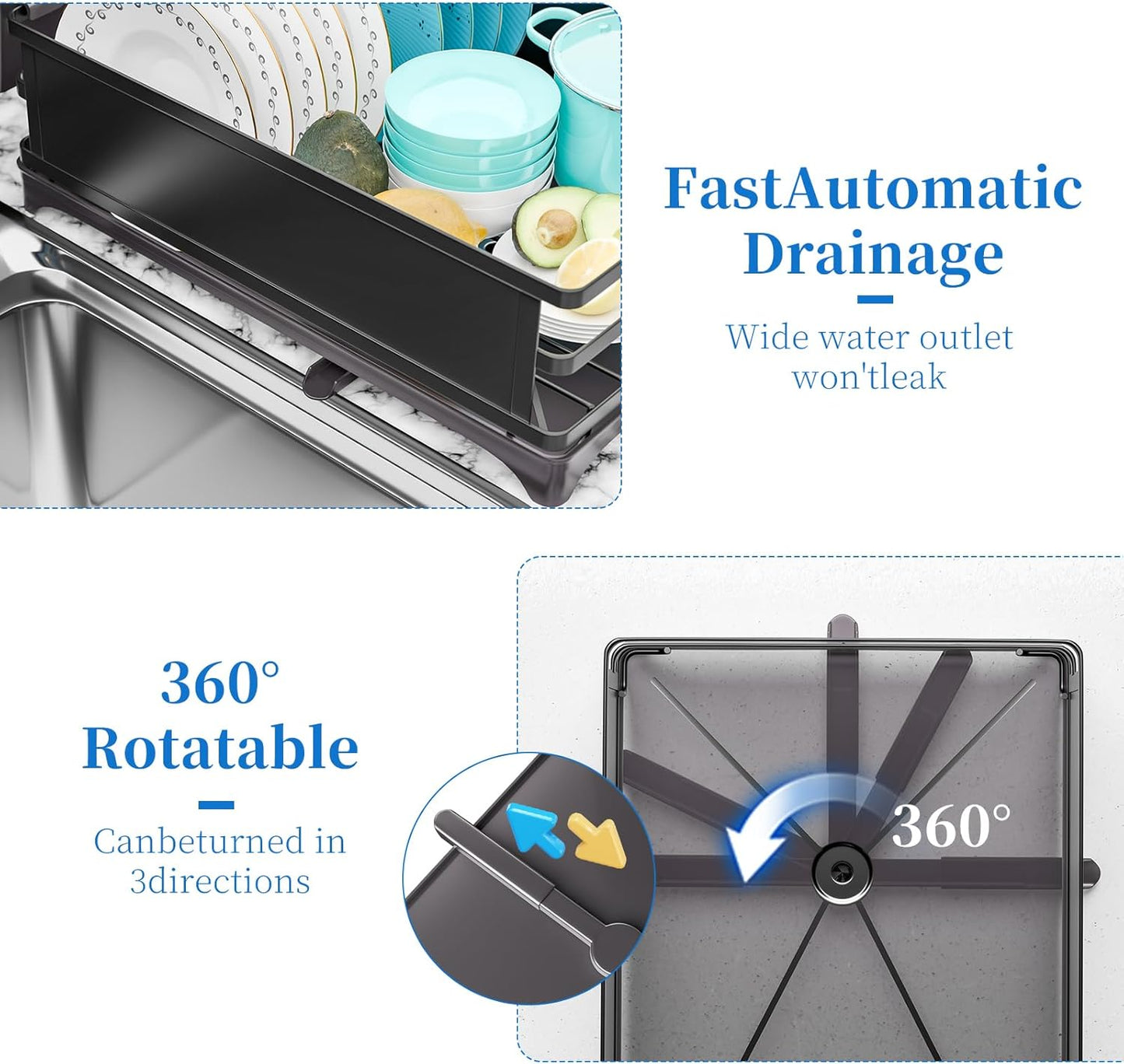 Dish Drying Rack, Dish Drainer for Kitchen Counter, Dish Rack with Tray for Large Capacity, Black