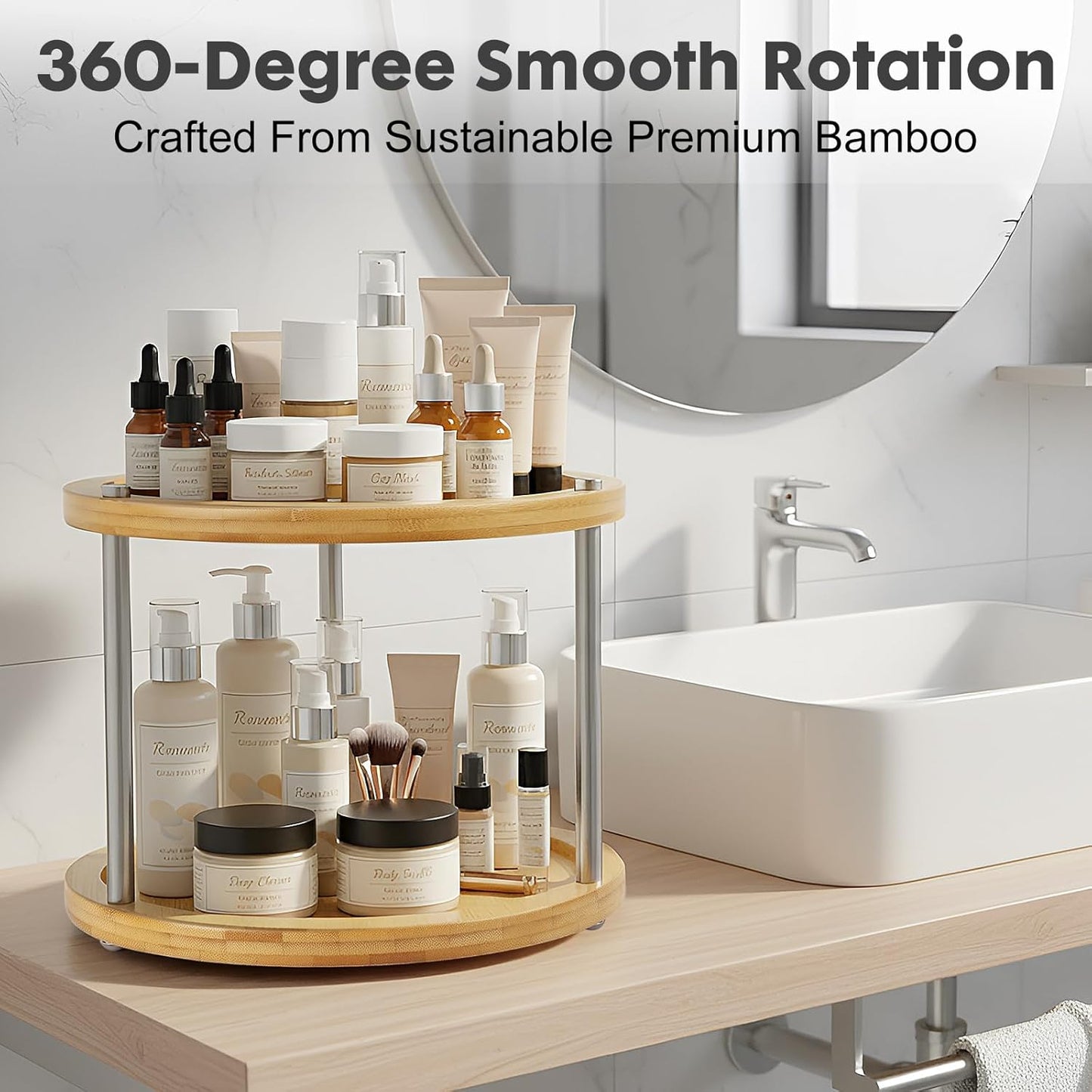 2 Tier Lazy Susan Organizer,Revolving Spice Rack,10 inch Wood Lazy Susan Turntable for Cabinet