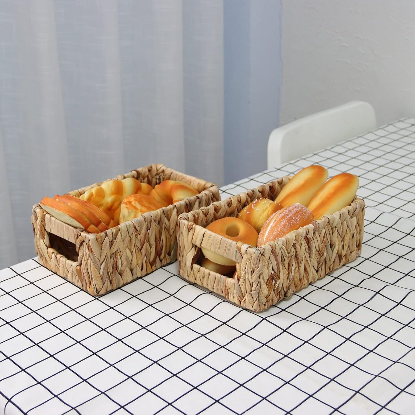 Woven Water Hyacinth Baskets for Organizing, Rectangular Wicker Baskets with Built-in Handles