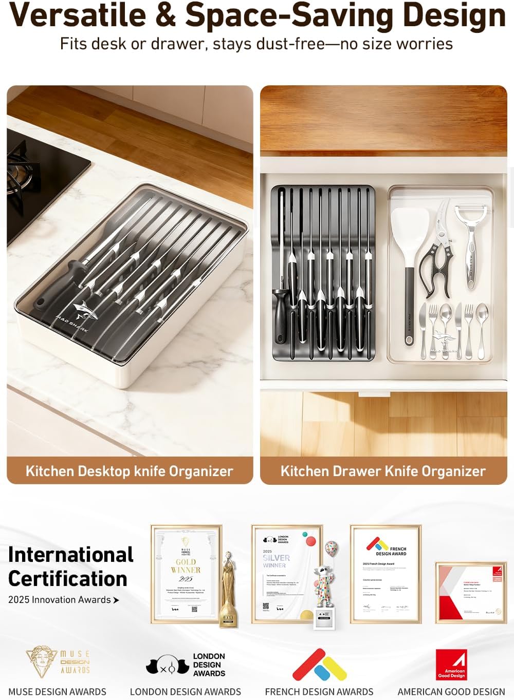 2-in-1 Detachable Knife Block & Silverware Organizer, Drawer Knife Holder for 10 Knives, BPA-Free