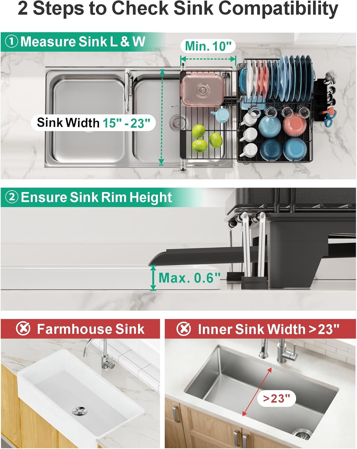 2 Tier Dish Drying Rack for Kitchen Counter, Expandable Large Dish Drainer with Drainboard Set
