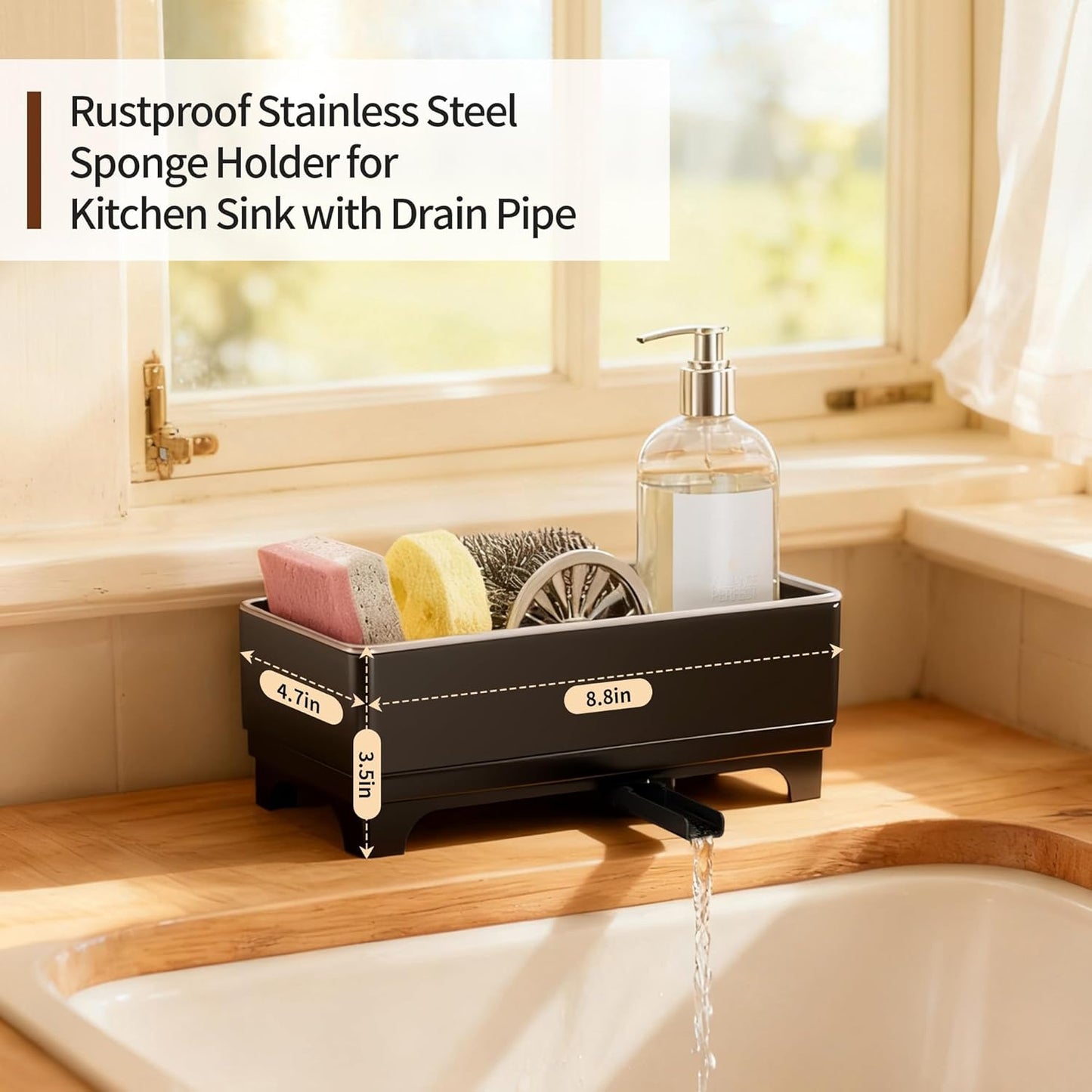 Sponge Holder for Kitchen Sink – Rustproof Stainless Steel, 360° Rotating Drain Pipe