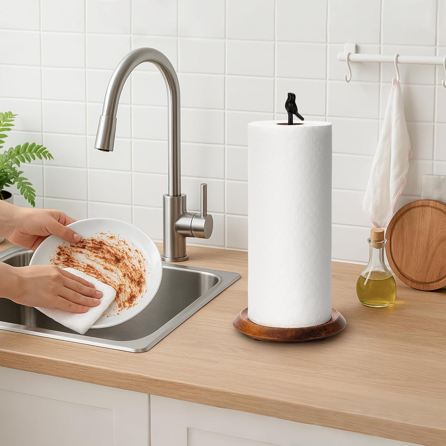 Wood Paper Towel Holder Countertop, Easy Tear Farmhouse Kitchen Towel Holder for Dining Table