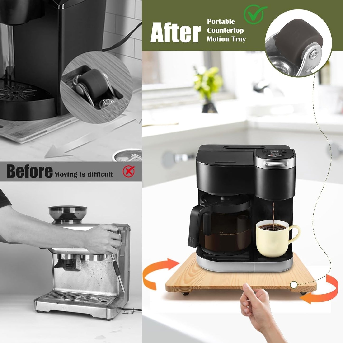 360° Rolling Tray for Coffee Maker, Sliding Tray Countertop Appliance Slider with Rubber Wheels for Heavy Kitchen Appliances, Easily from Under Cabinet (13”W x 16”D, Natural)