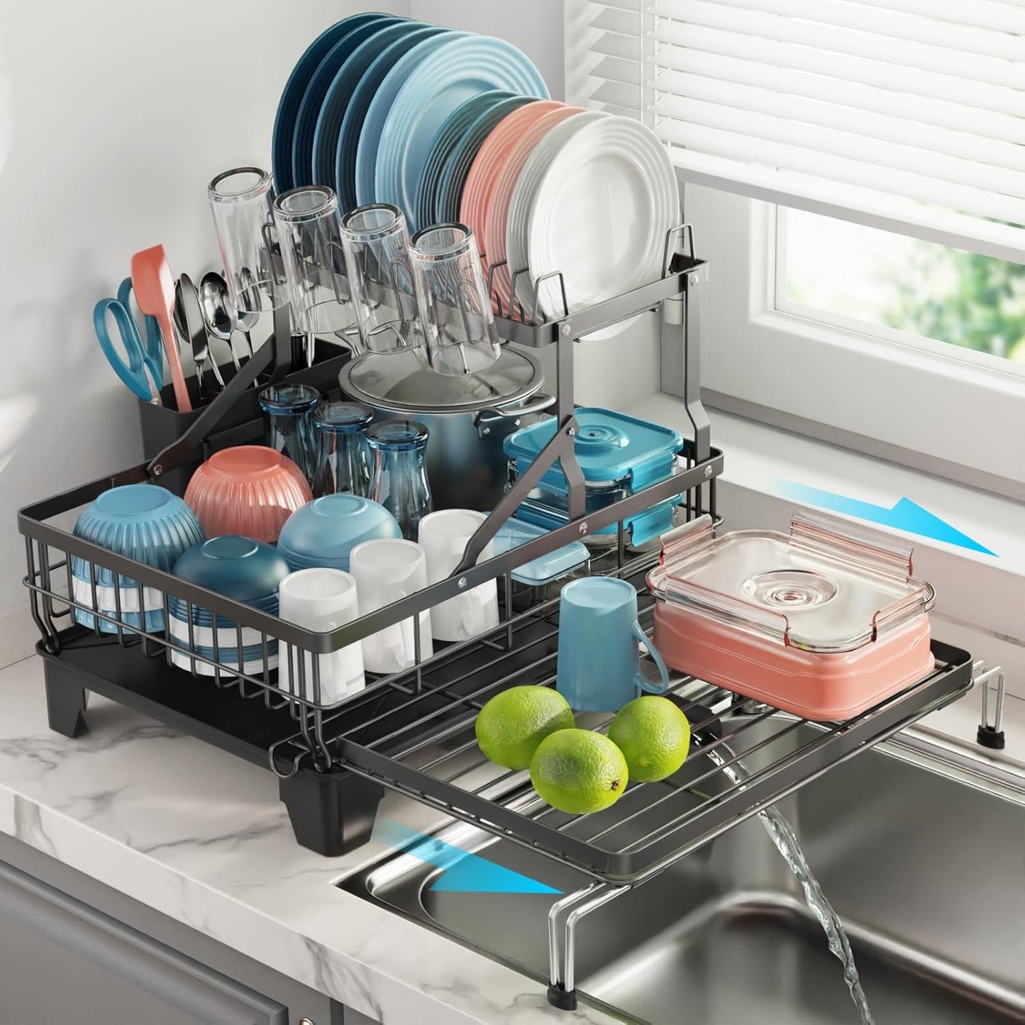 2 Tier Dish Drying Rack for Kitchen Counter, Expandable Large Dish Drainer with Drainboard Set
