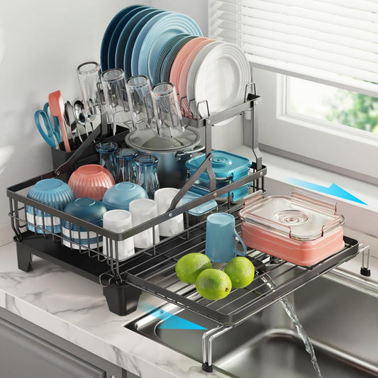 2 Tier Dish Drying Rack for Kitchen Counter, Expandable Large Dish Drainer with Drainboard Set
