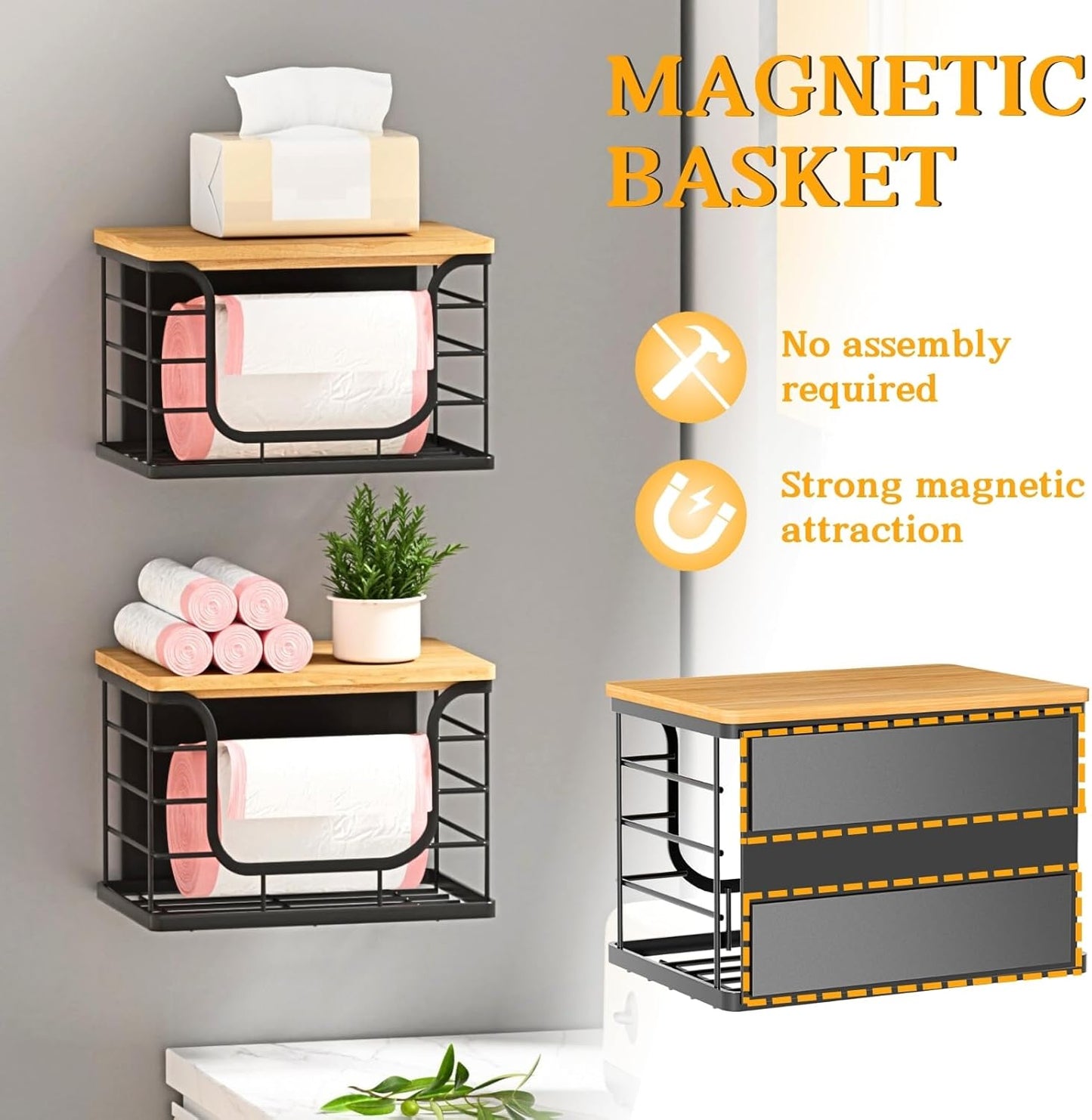 Magnetic Shelf for Fridge Trash Bag Organizer, 2 Pack Stackable Garbage Bag Holder with Bamboo Lid