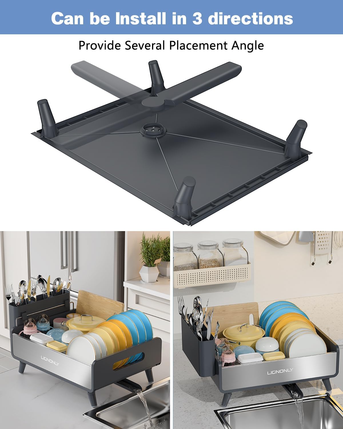Dish Drying Rack with Drain Board, 304 Stainless Steel Core, Aluminum Rustproof Frame