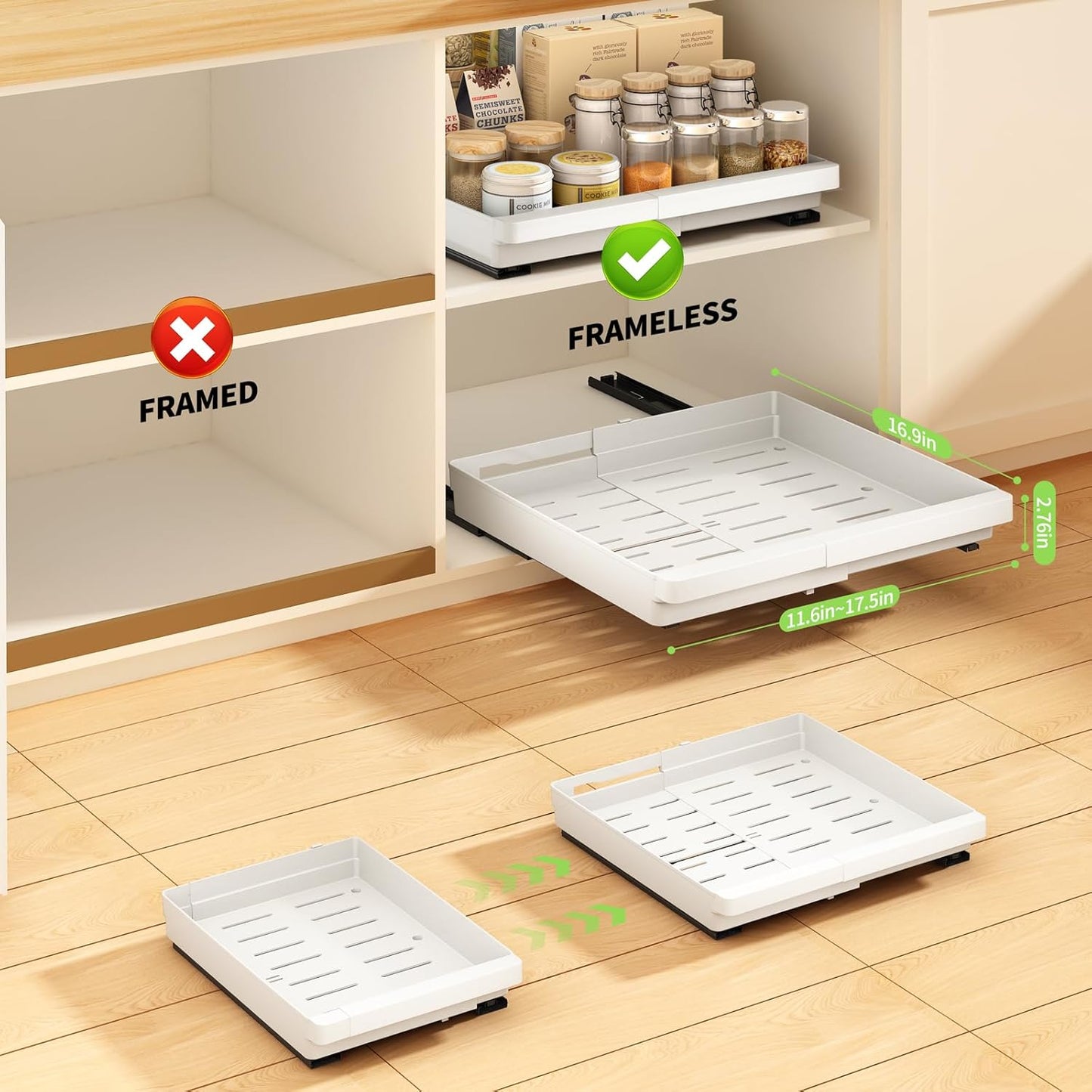 2 Pack Pull Out Cabinet Organizers Expandable, Plastic Slide Out Drawers for Kitchen, Bathroom