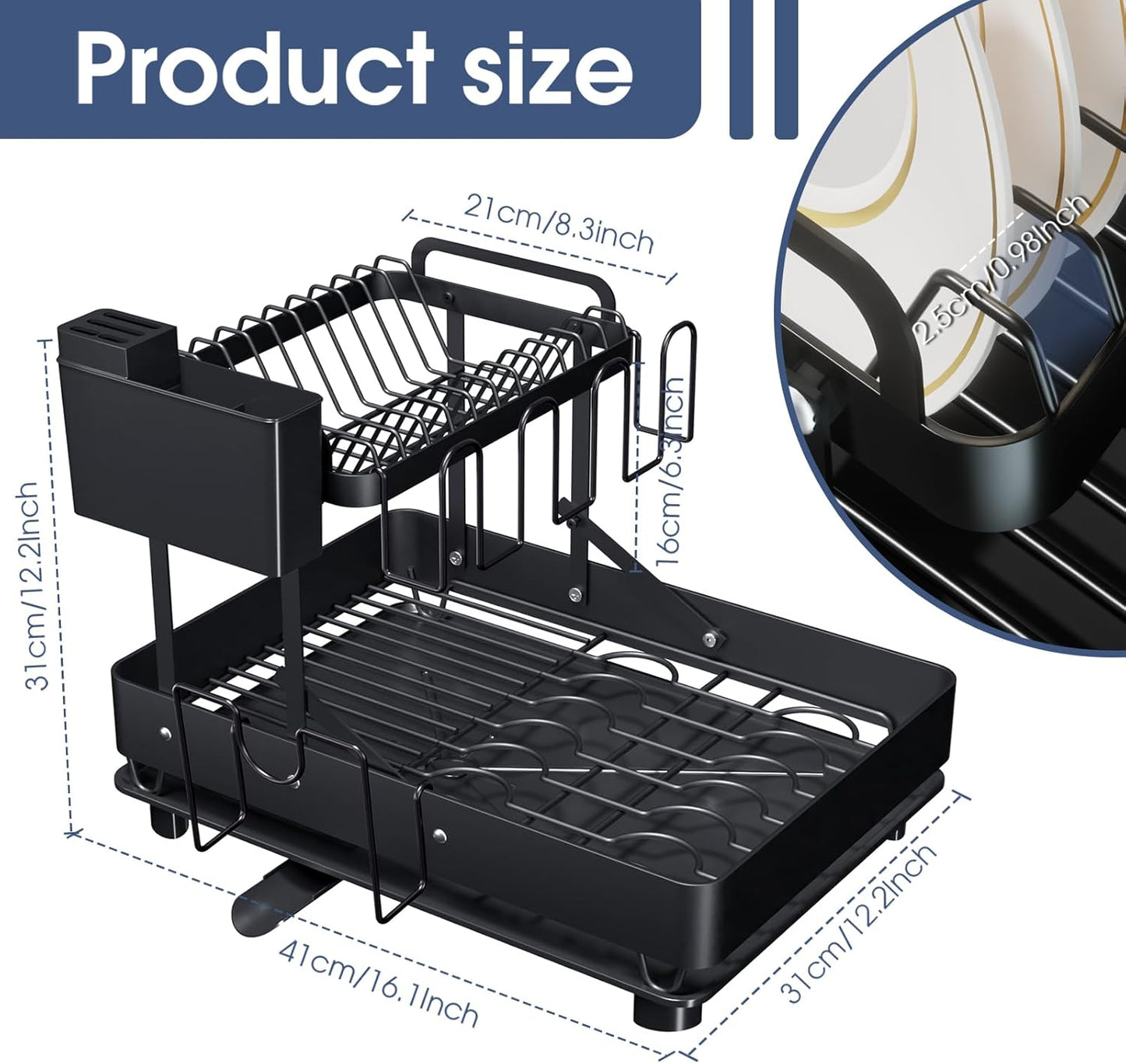 Dish Drying Rack for Kitchen Counter, Stainless Steel 2 Tier Dish Rack w Drainboard
