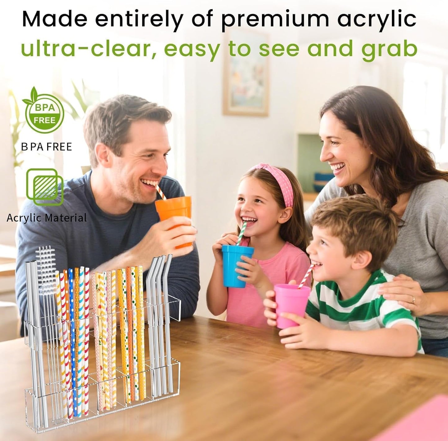 9.5” Large Acrylic Straw Holder for Cabinet Door-Reusable Tumbler Straw Organizer with Ultra Sticky Adhesive Tape ,Plastic Kitchen Accessories Container for Inside Cupboard Door (Transparent)