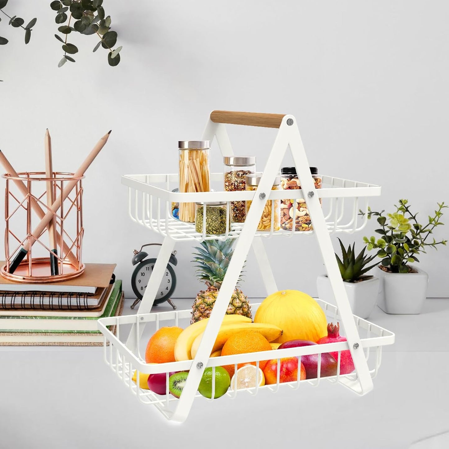 mahueeol 2 Tier Countertop Fruit Basket,Portable Fruit Bowle Basket for Kitchen Organizer Storage Fruits Vegetable Bread Snacks, Detachable Metal Rectangle Basket with wood Handle,White