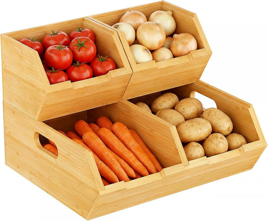 Bamboo Pantry Storage Bins for Vegetables, Potato and Onion Storage Bin with Handles