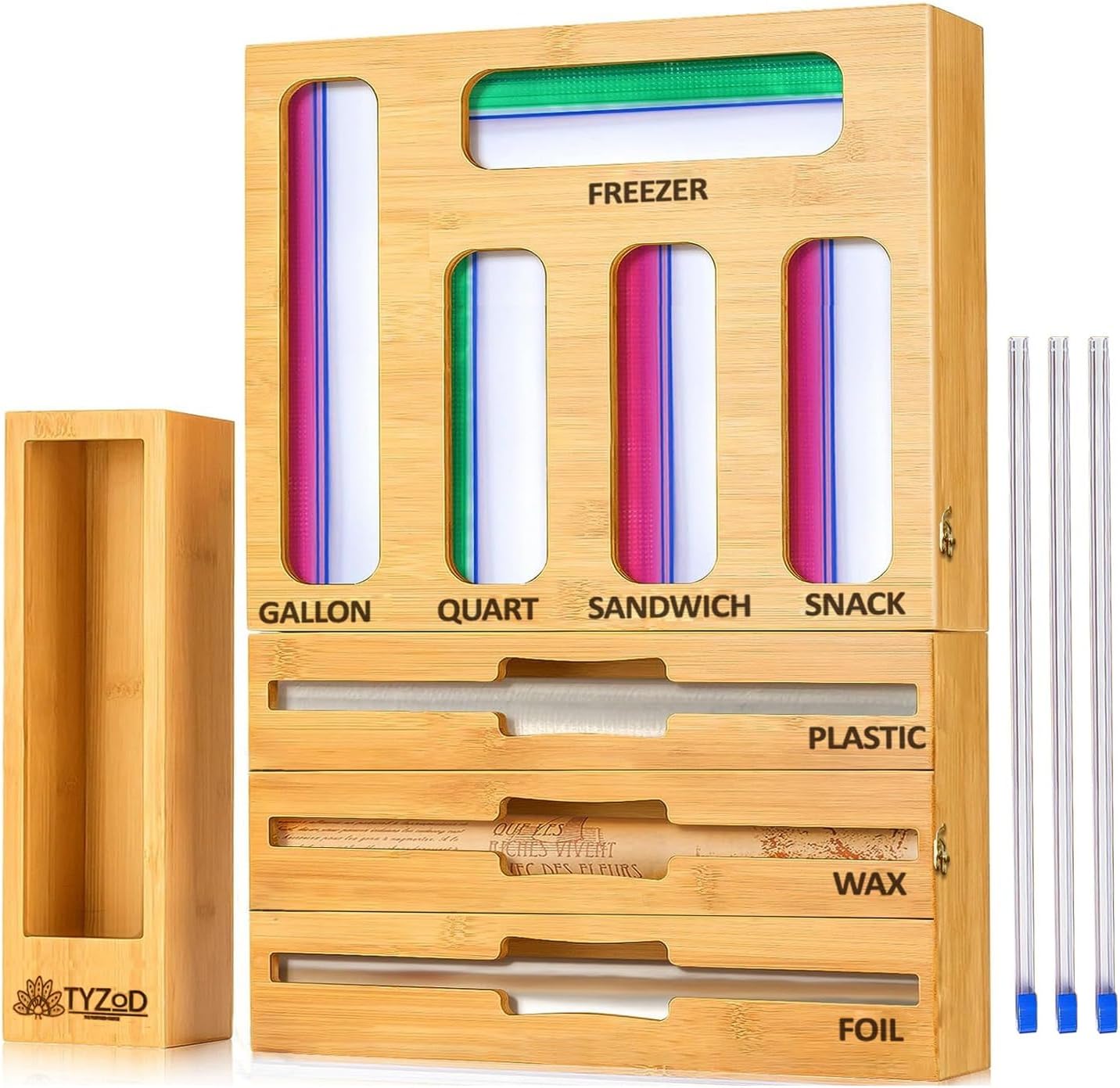 9-in-1 Bamboo Storage Bag Organizer with Cutter, Kitchen Drawer & Wall Mount Storage for Foil