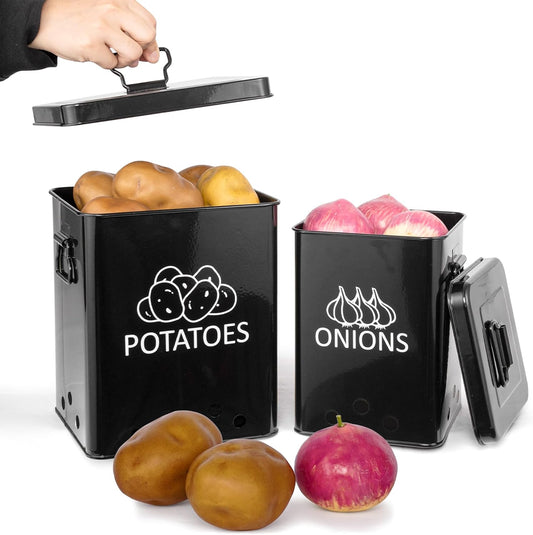 Potato and Onion Storage Bin, Set of 2 Vegetable Storage Tins with Metal Lids & Side Handles