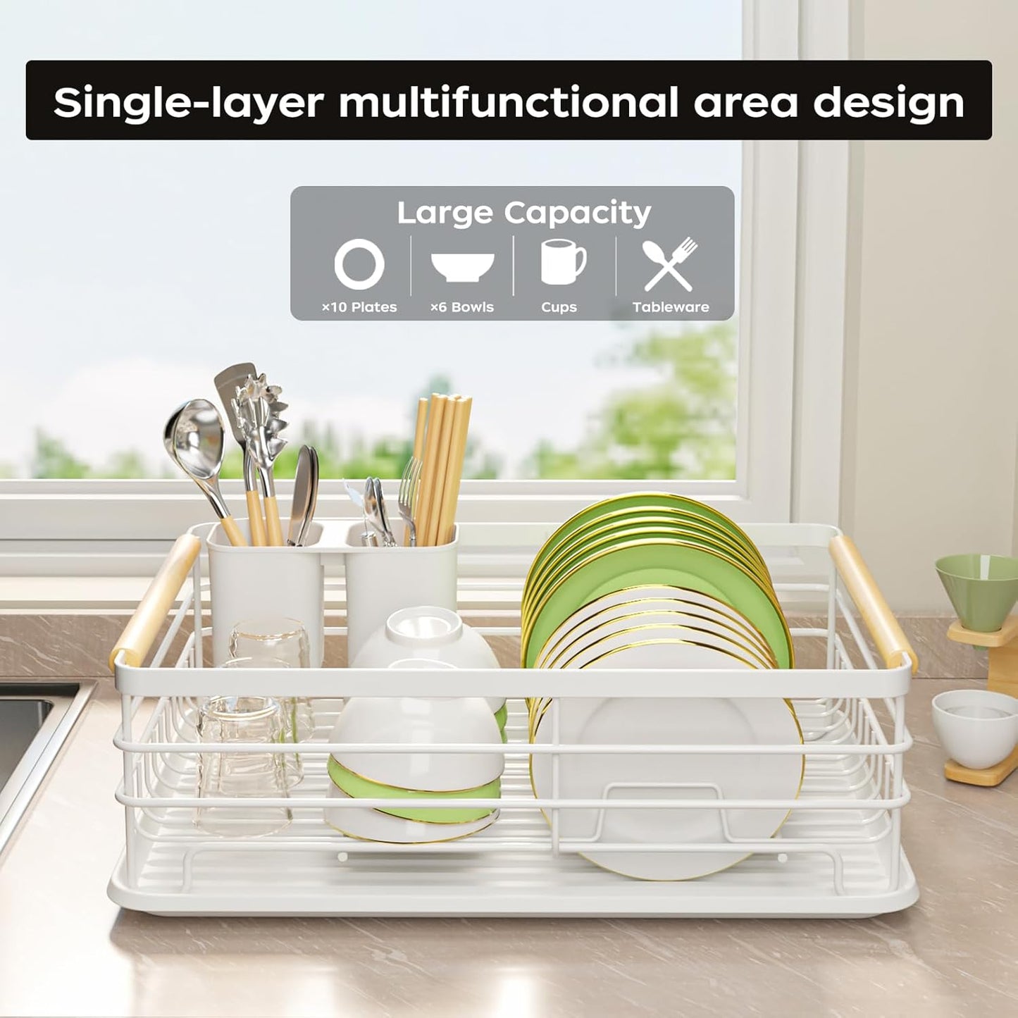 Dish Racks for Kitchen Counter: Wooden Handles, Thickened Metal