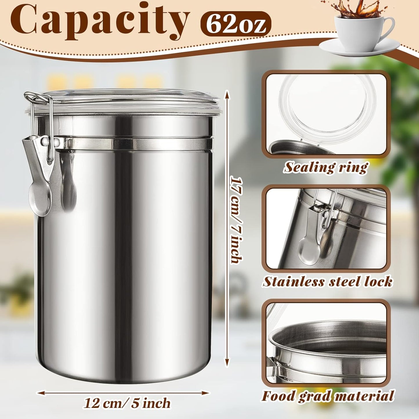 6 Pcs Stainless Steel Kitchen Canister 62 fl oz with Airtight Clear Clamp Lid