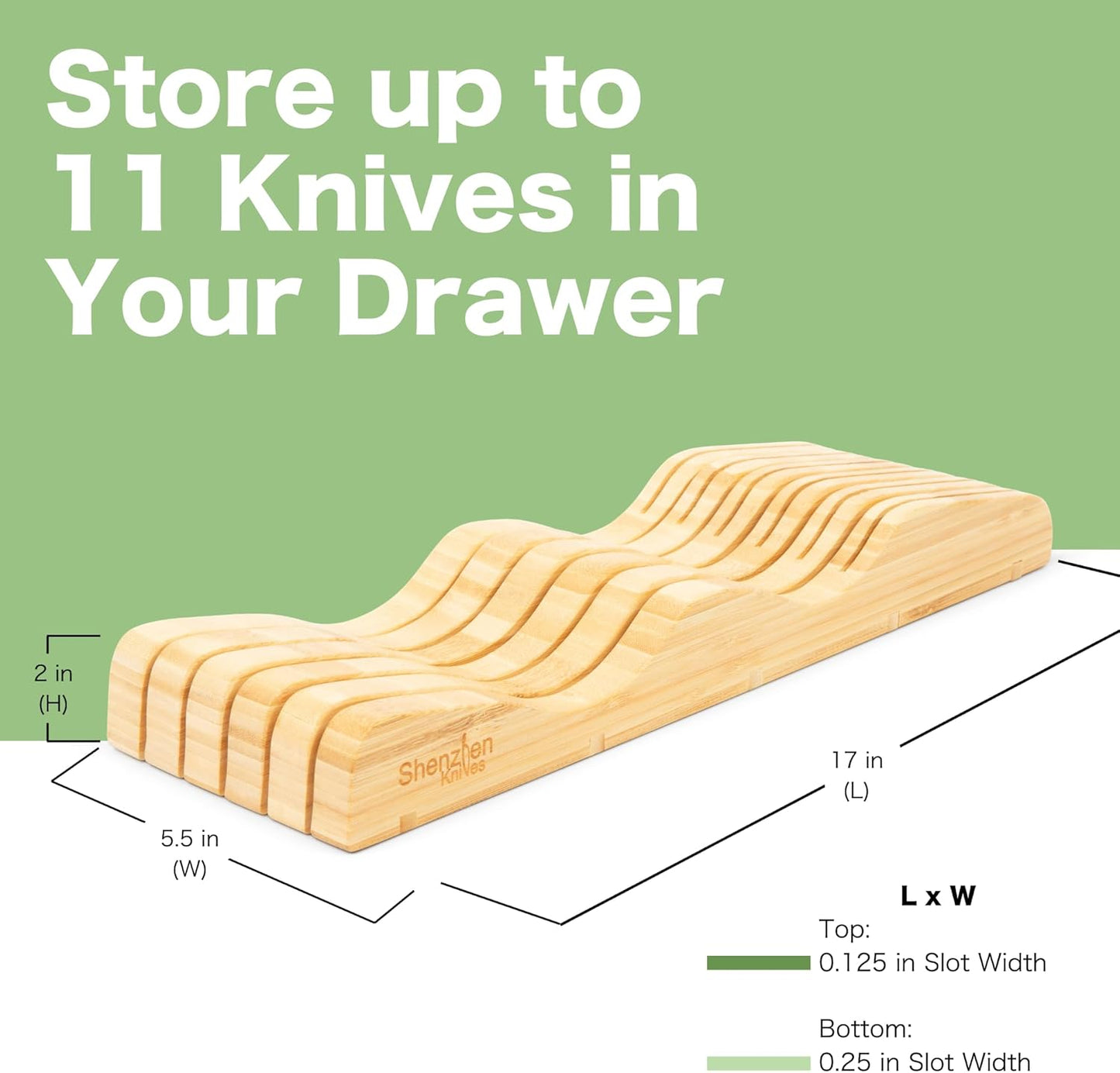 Large In-Drawer Bamboo Knife Block: 11 Slot (Holds 10-12 Knives) Empty Wooden Knife Holder for Kitchen Drawers - Cutlery Tray Organizer & Storage