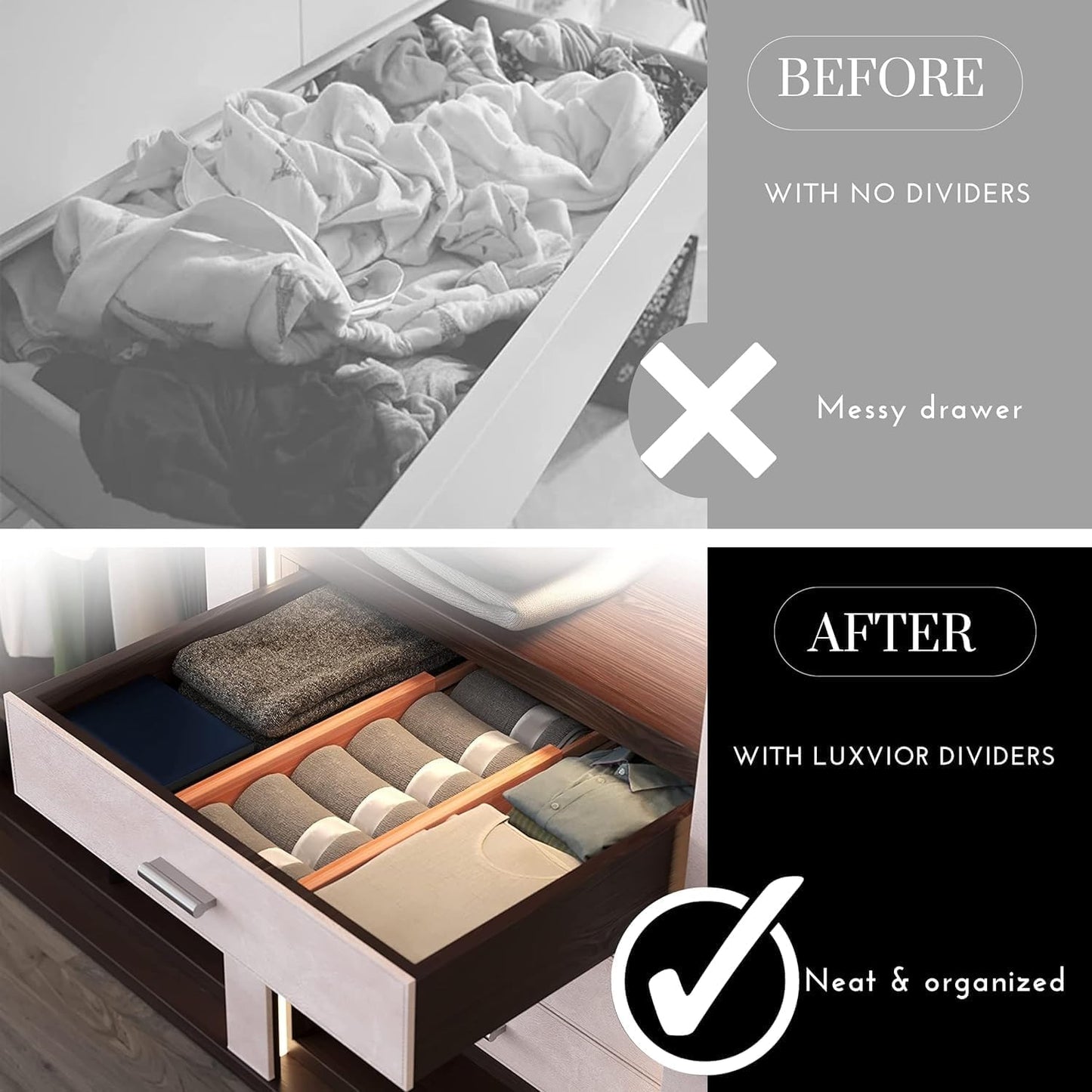 Expandable Bamboo Drawer Dividers 8 pack with labels(17"-22") Drawer Organizer for Kitchen