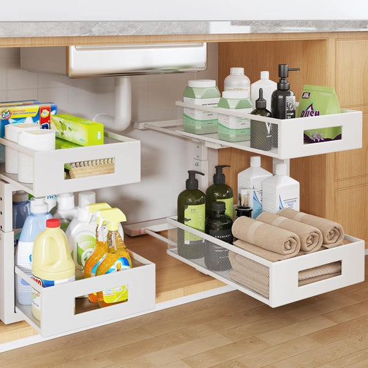 Under Sink Organizer, 2-Tier Dual Pull Out Cabinet Organizer Drawers With Smooth Circular Rail