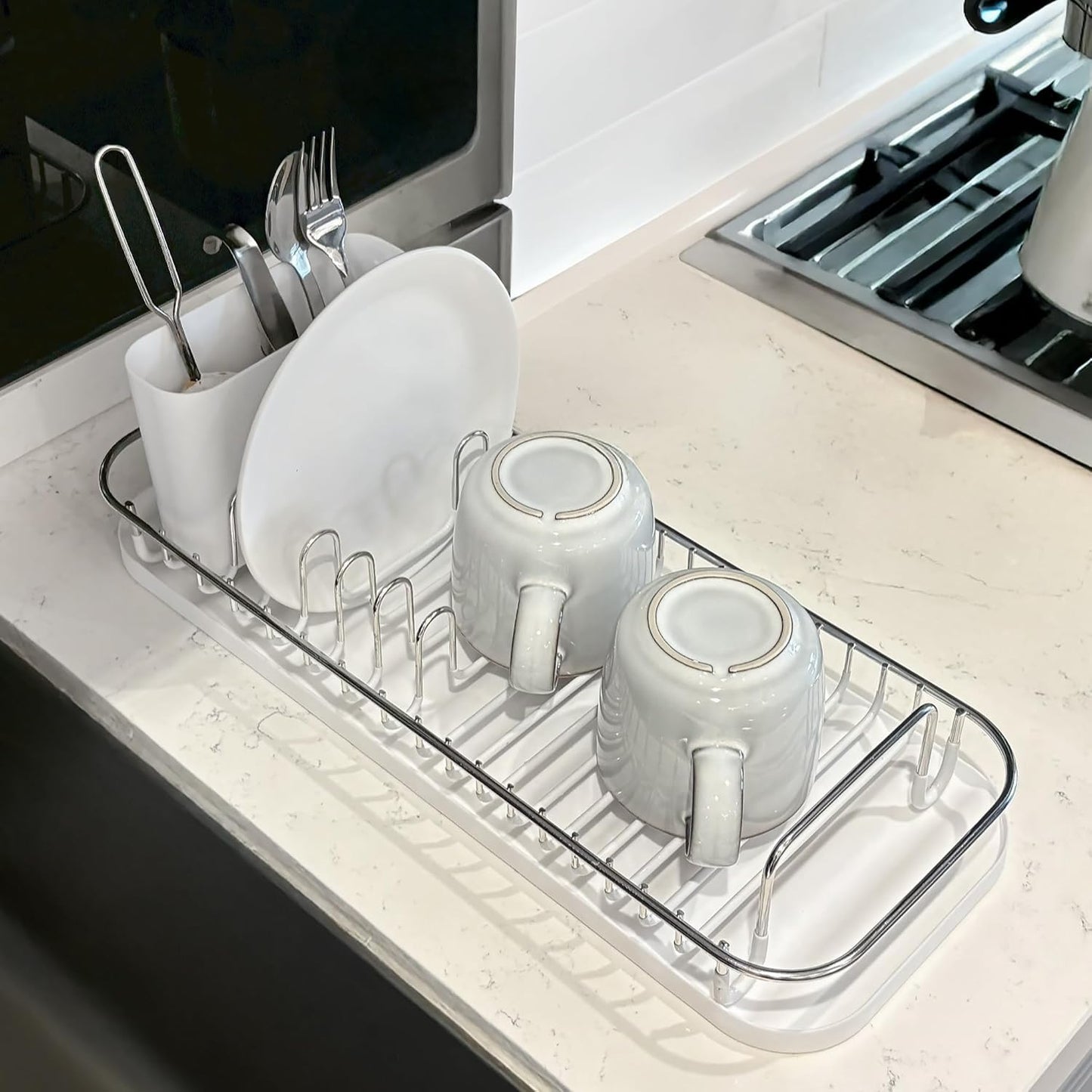304 Stainless Steel NeverRust Compact Dish Drying Rack with Utensil Holder & Removable Drain Tray