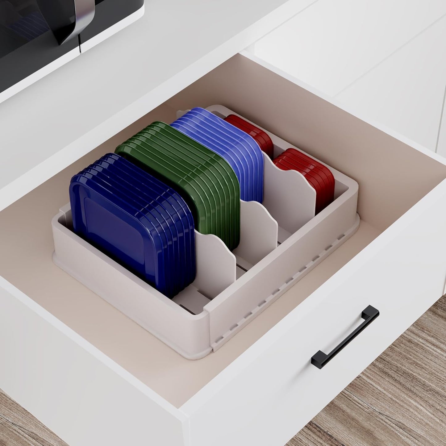 Expandable Food Storage Container Lid Organizer, Includes 6 Adjustable Dividers