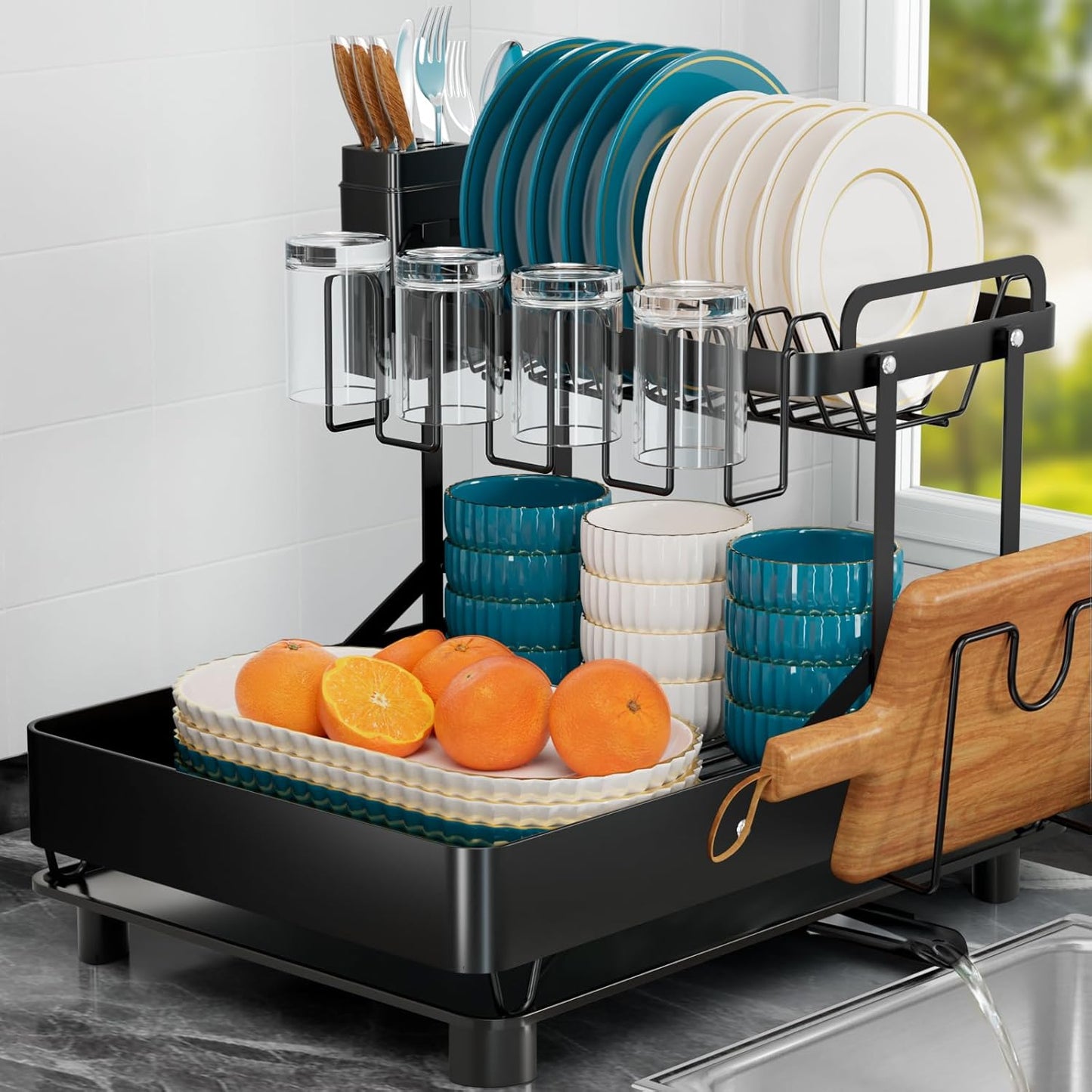 Dish Drying Rack for Kitchen Counter, Stainless Steel 2 Tier Dish Rack w Drainboard