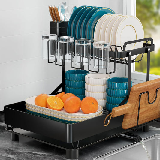 Dish Drying Rack for Kitchen Counter, Stainless Steel 2 Tier Dish Rack w Drainboard