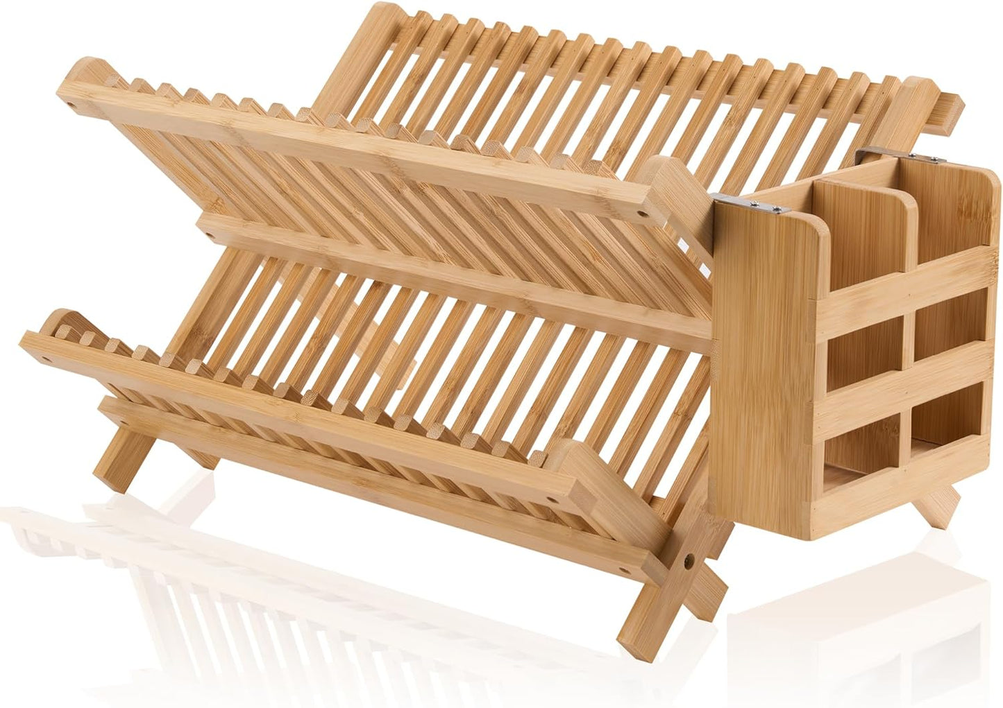 Bamboo Dish Drying Rack-2 Tier, Collapsible Small Dish Rack with Utensil Holder