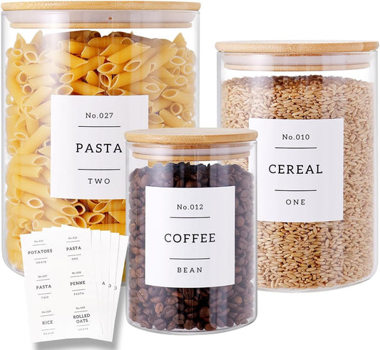 3 Pcs Glass Canisters with Airtight Bamboo Lids and 42 Kitchen Pantry Labels Preprinted