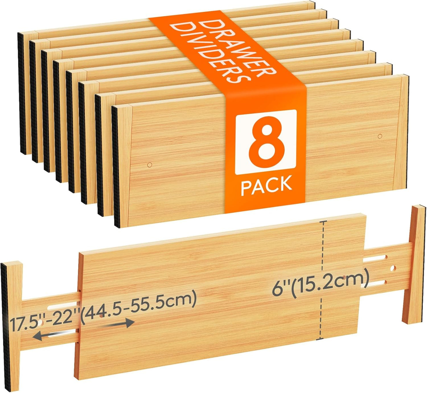 6" High 8 Pack Bamboo Drawer Dividers 45-55cm/17.5-22" Adjustable Wooden Drawer Organizer for Clothes/Utensils, Expandable Drawer Separator for Dresser/Kitchen/Bedroom/Office Organization