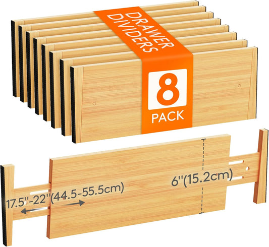 6" High 8 Pack Bamboo Drawer Dividers 45-55cm/17.5-22" Adjustable Wooden Drawer Organizer for Clothes/Utensils, Expandable Drawer Separator for Dresser/Kitchen/Bedroom/Office Organization