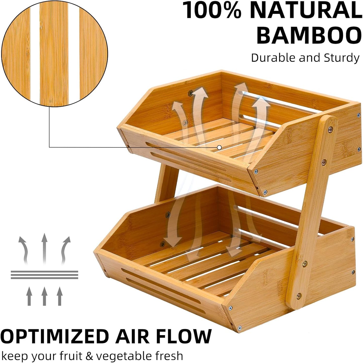 Fruit Basket, 2 Tier Bamboo Fruit Basket for Kitchen, 11" Tall Fruit Stand Storage Holder