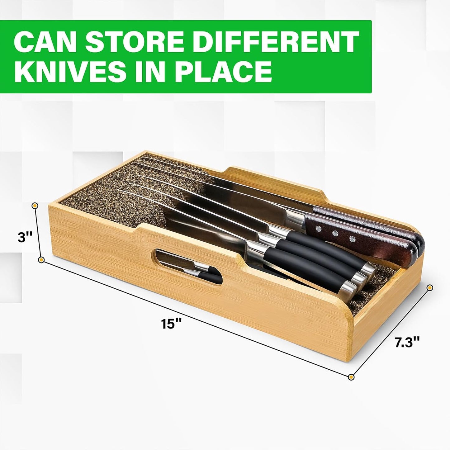 Bamboo Knife Drawer Organizer Insert - Kitchen In-Drawer Knife Block Holder
