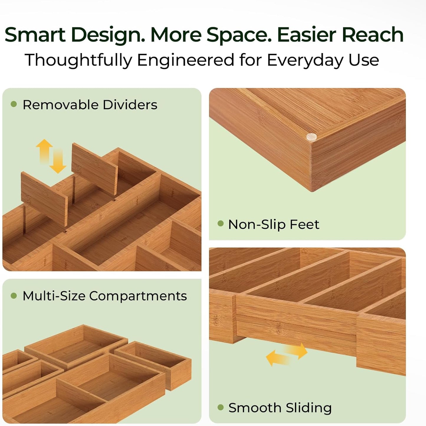6-Piece Bamboo Drawer Organizer Set, 2.2" Deep Multi-Use Organizers for Utensils, Silverware