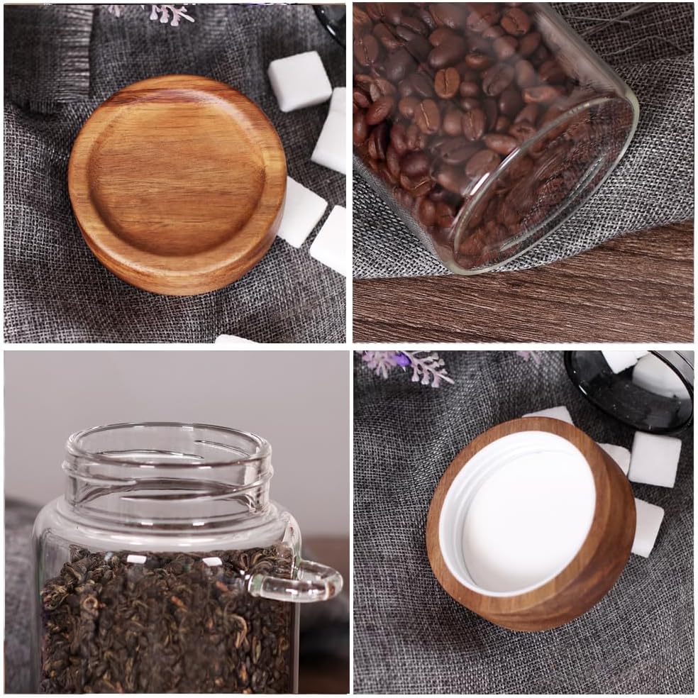 Loose Leaf Tea Storage Canister Set, 4 Pieces 16 OZ Glass Tea Containers with Wooden Lids and Spoons for Loose Tea, Coffee, Sugar, Oatmeal, Herbs (Tea Canisters)