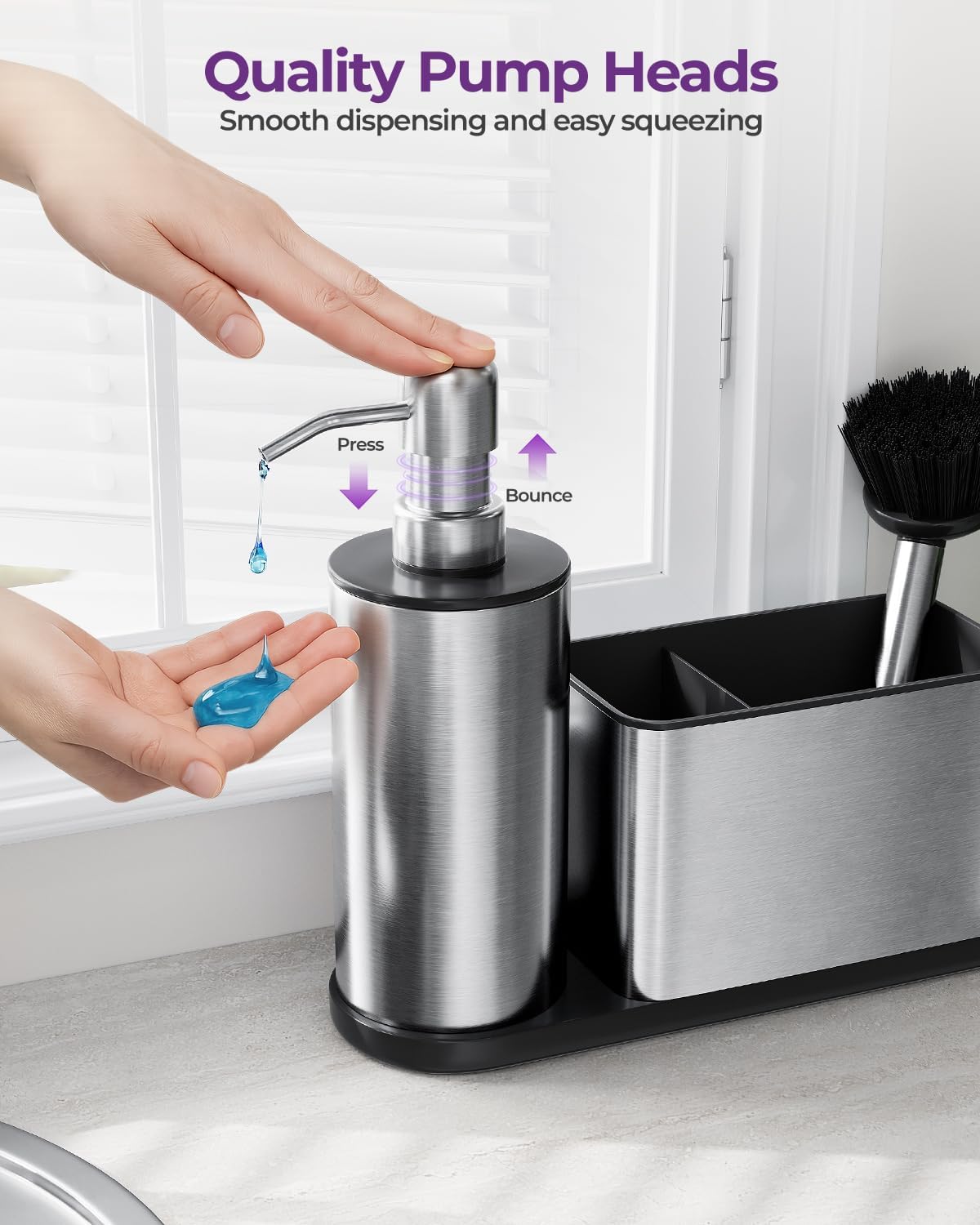 Kitchen Soap Dispenser Set - 3 in 1, Stainless Steel Dish Soap Dispenser with Sponge Holder