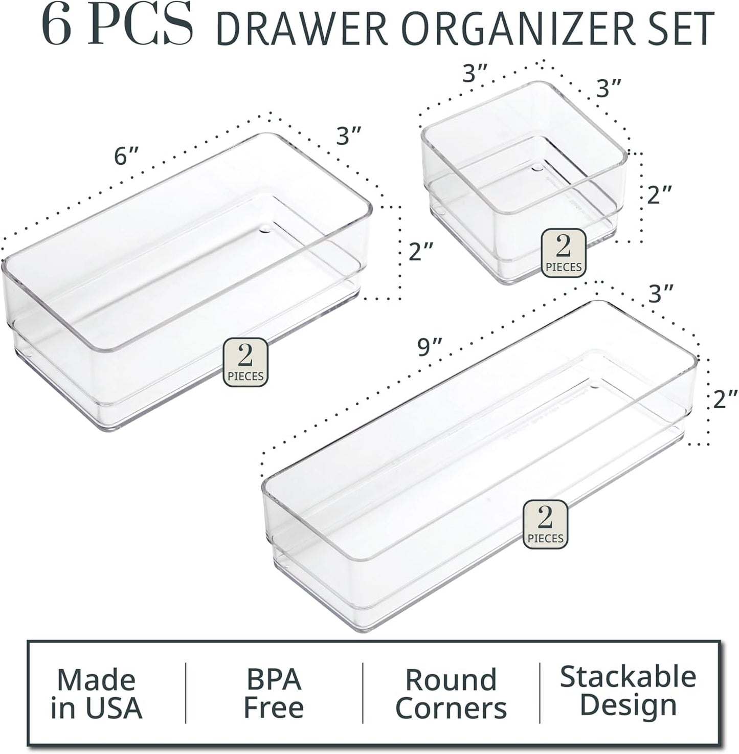 SimpleSort Drawer Organizer Bins 6 pc Set, Multi-size, Bathroom Organizers and Storage