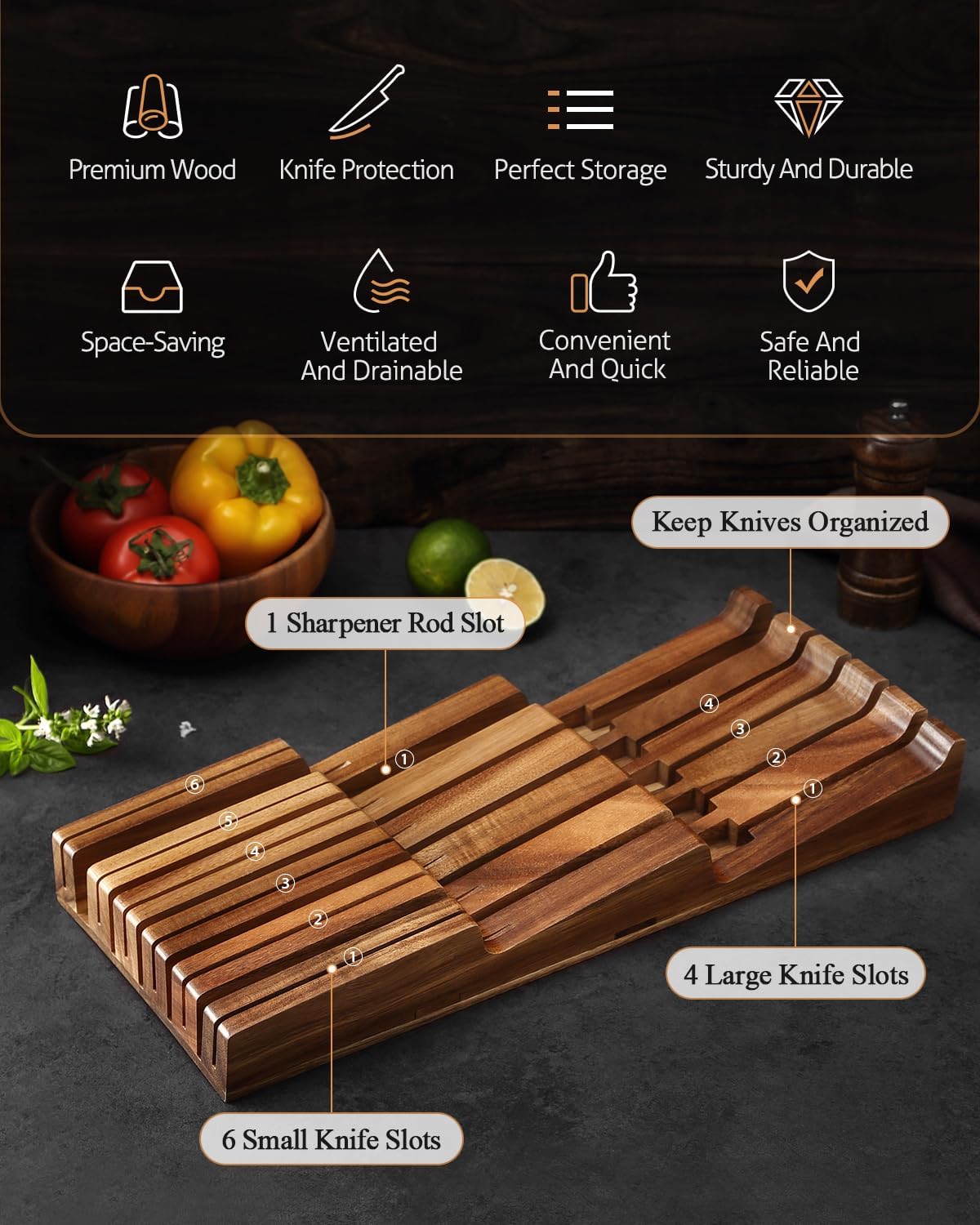 In-drawer Knife Block, Natural Acacia Knife Drawer Oganizer, Insert-Kitchen Storage Holder