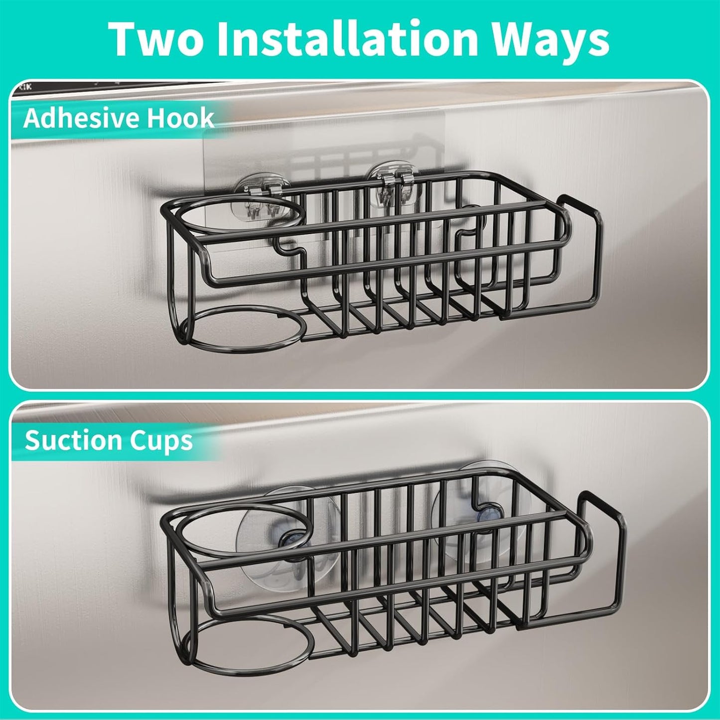 4 in 1 Kitchen Organizers and Storage, SUS304 Stainless Steel Brush Holder + Dish Cloth Hanger + Soap Rack + Sink Stopper Rack, No Drill Kitchen Essentials - Black