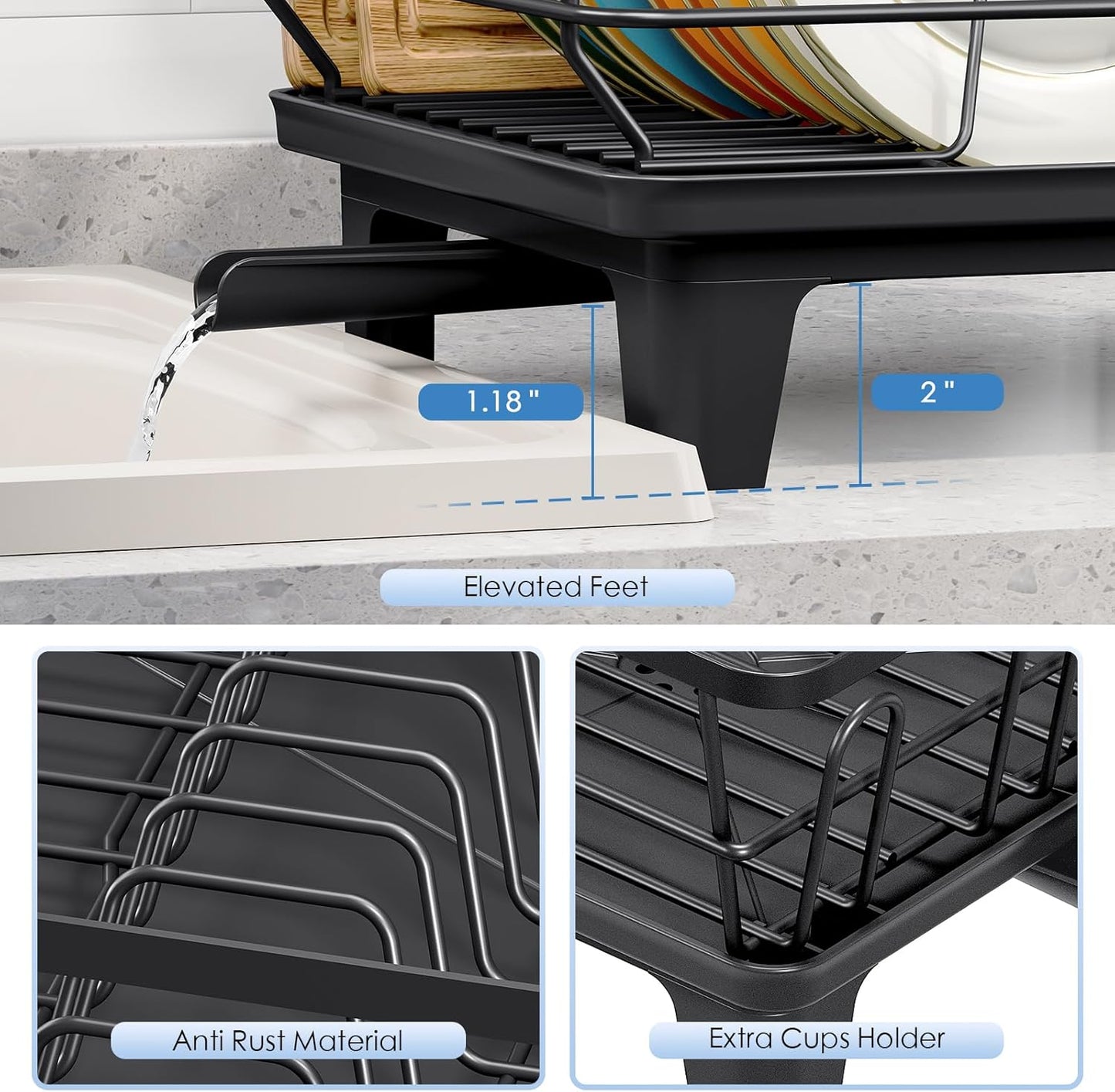 Compact Dish Drainer for Kitchen Counter - Expandable Large Capacity Drying Rack with Removable Cutlery Holder, Anti-Rust Plate Rack, Non-Slip Feet