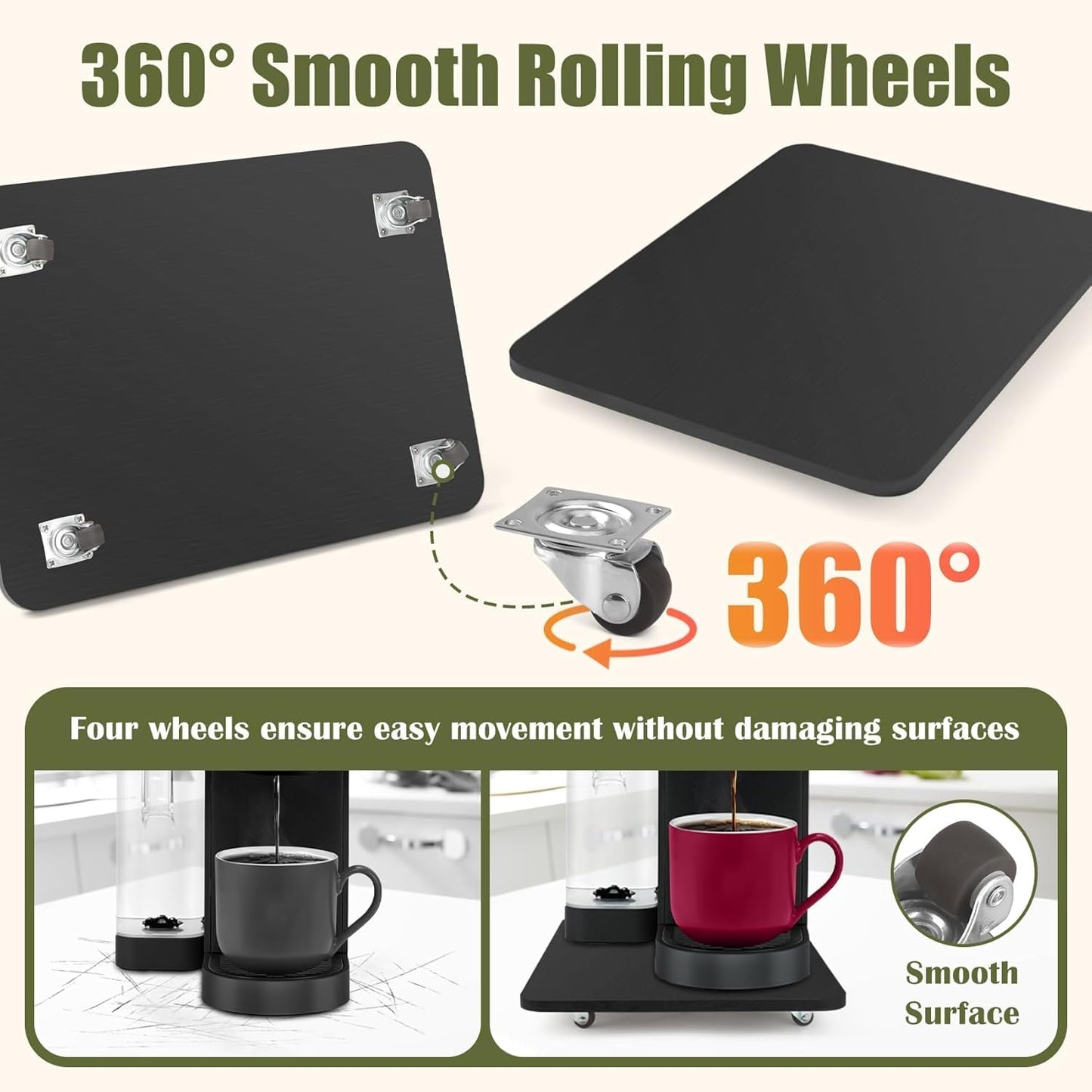 Sliding Tray for Coffee Maker, 360° Rolling Tray Appliance Slider with Wheels, Coffee Pot Slider Tray for Countertop Storage, Easily from Under The Cabinet (Black, 9.4"W x 13"D)