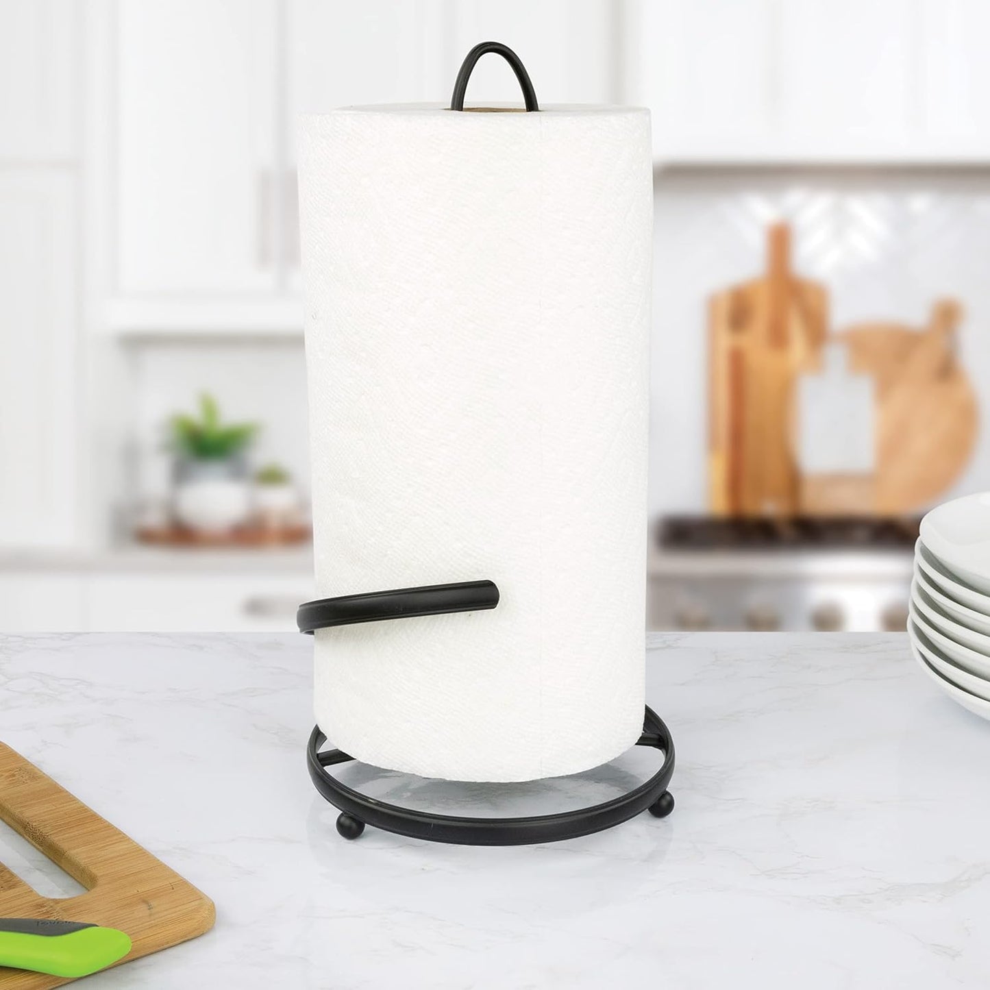 Ashley Black Paper Towel Holder with Easy Tear Arm for Kitchen Countertop Organization