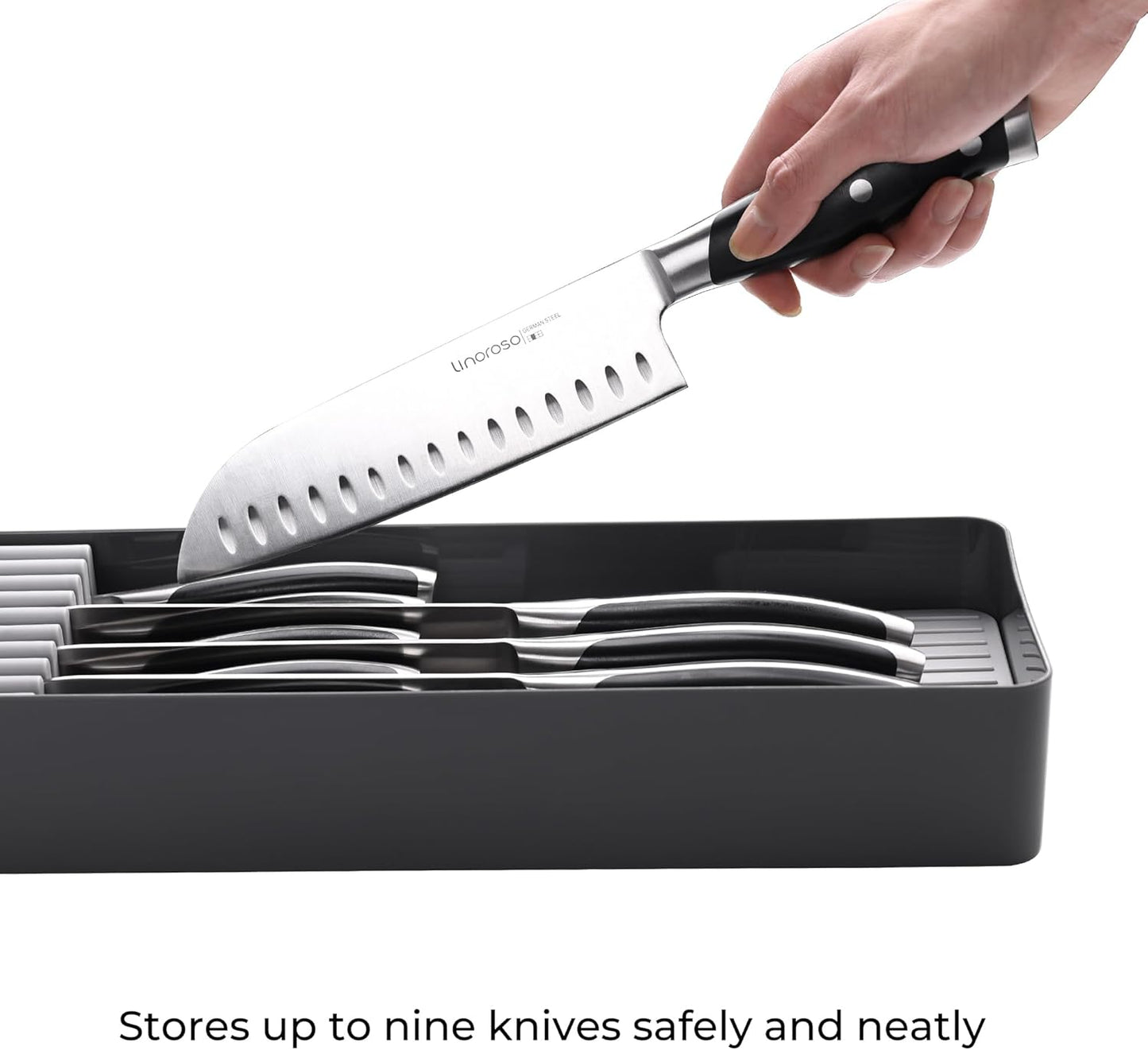 Knife Drawer Organizer With In-Drawer Knife Block for 9 Knives, Kitchen Utensil Organizer
