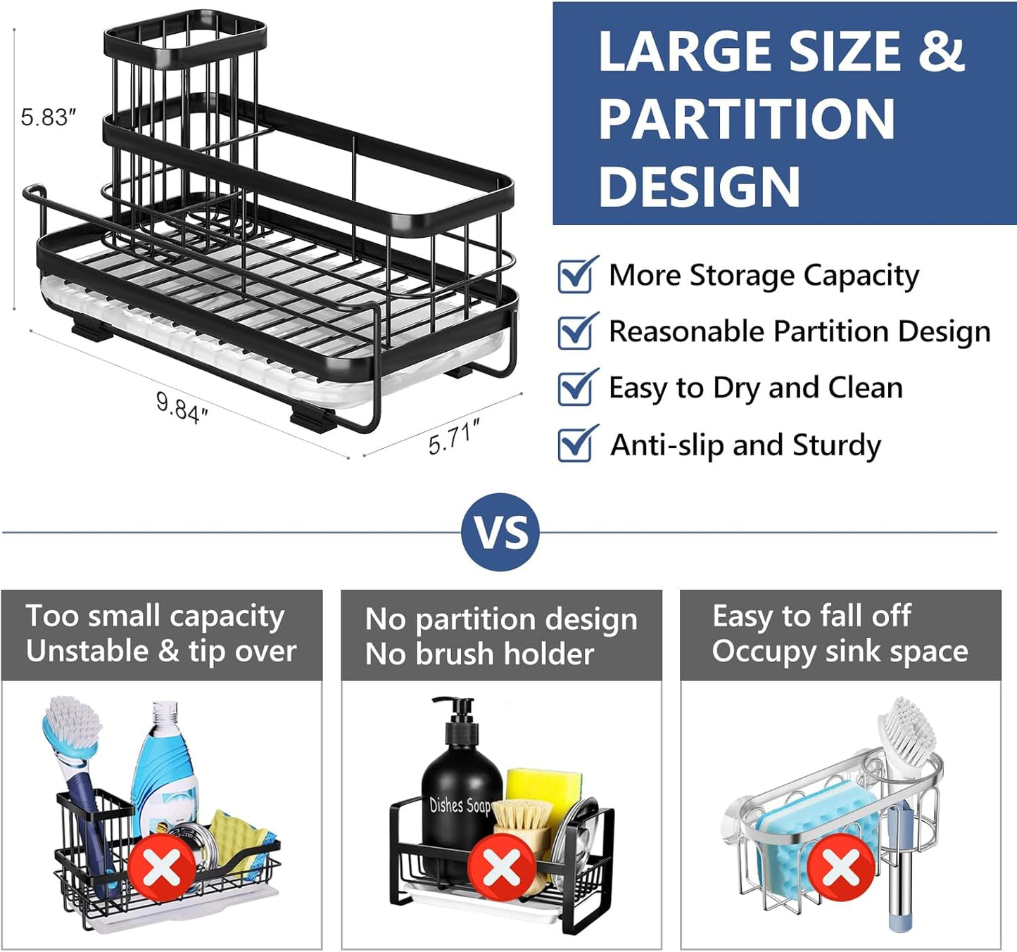 Trendy Sink Caddy Kitchen Organizer, Non-Slip Dish Soap Dispenser Rack with Drain Tray