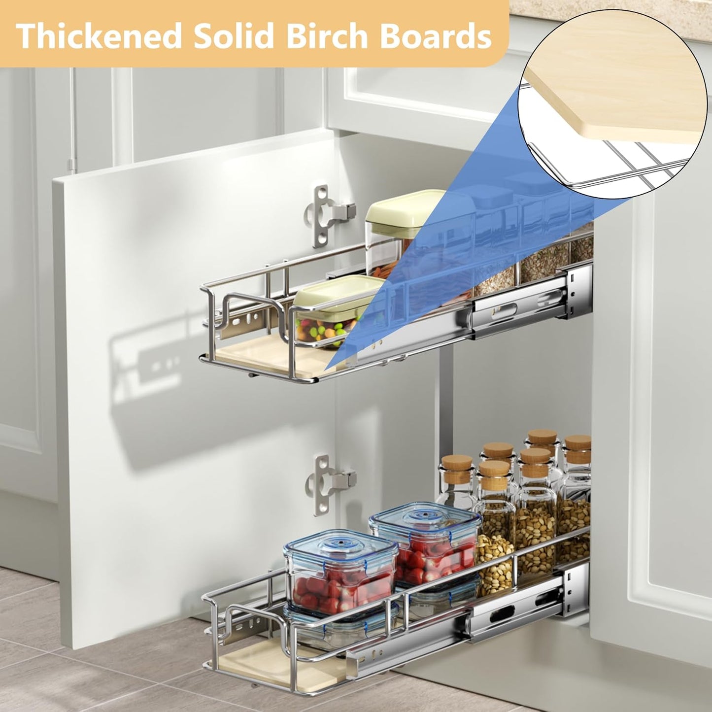 2 Tier Individual Pull Out Cabinet Organizer 7½"W x 21½"D, Slide Out Wood Shelves Organizers