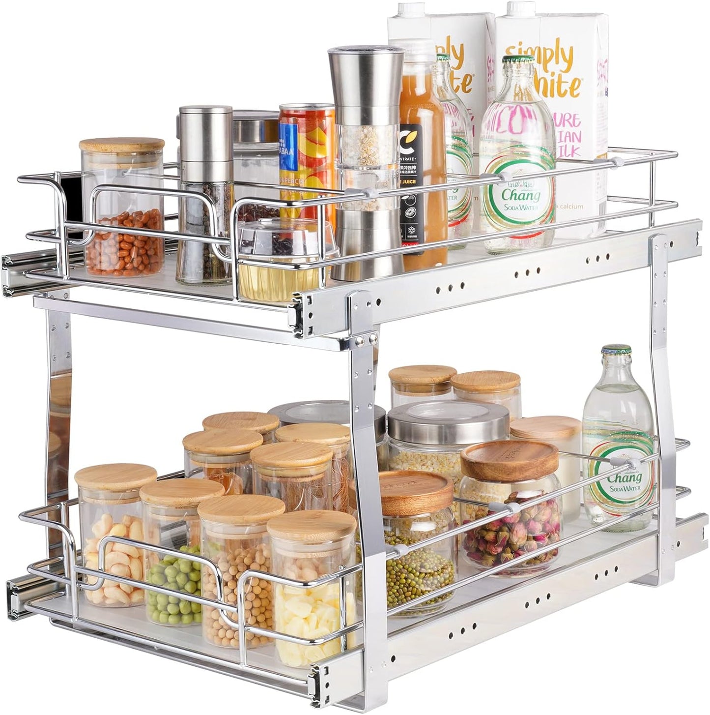 Pull Out Cabinet Organizer, 14" Wx21.2 Dx15.2 H Heavy 2 Tier Duty Slide Out Pantry Shelves